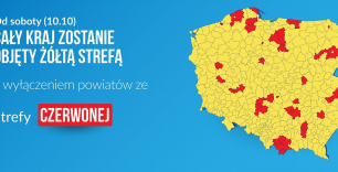żółta mapa polski, z na czerwono zaznaczonymi niektórymi powiatami, niebieskie tło, napis "Od soboty (10.10) cały kraj zostanie objęty żółta strefą z wyłączeniem powiatów ze stresy czerwonej".